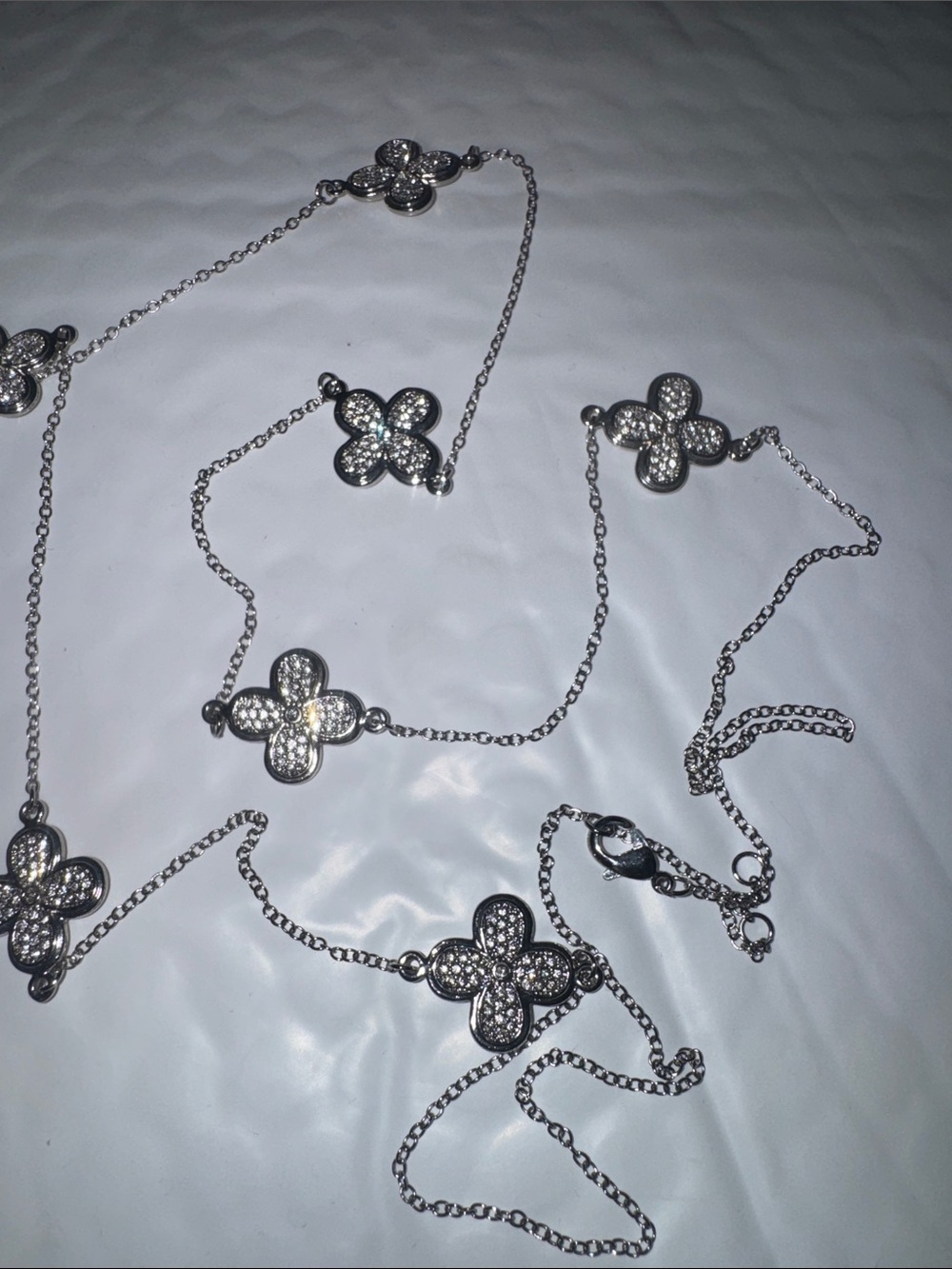 Crystal Pave Four-Leaf Station Necklace - Silver Floral Motif